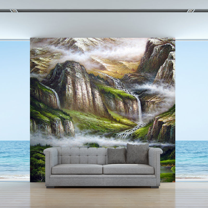 Modern Art Mountain Landscape Mural Grey-Green Stain Proof Wall Decor for Living Room Gray-Green Clearhalo 'Wall Decor' 'Wall Mural' 1172472