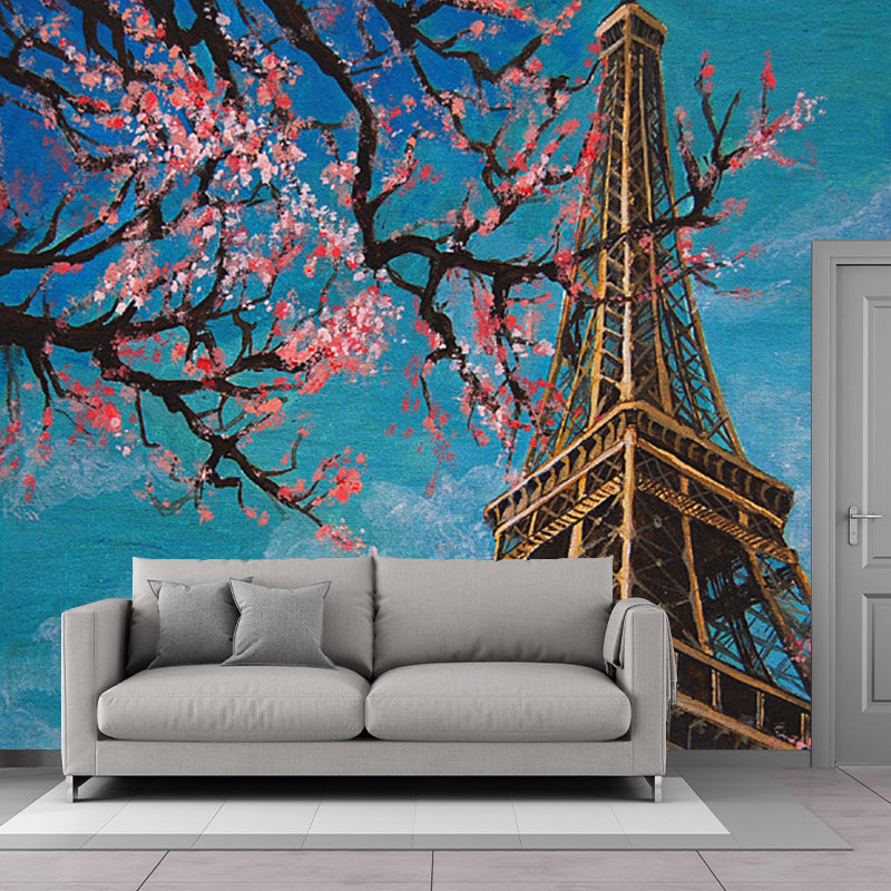 Custom Illustration Modern Mural Pink-Blue Cherry Blossom and Elf Tower Wall Covering for Home Pink-Blue Clearhalo 'Wall Decor' 'Wall Mural' 1172477