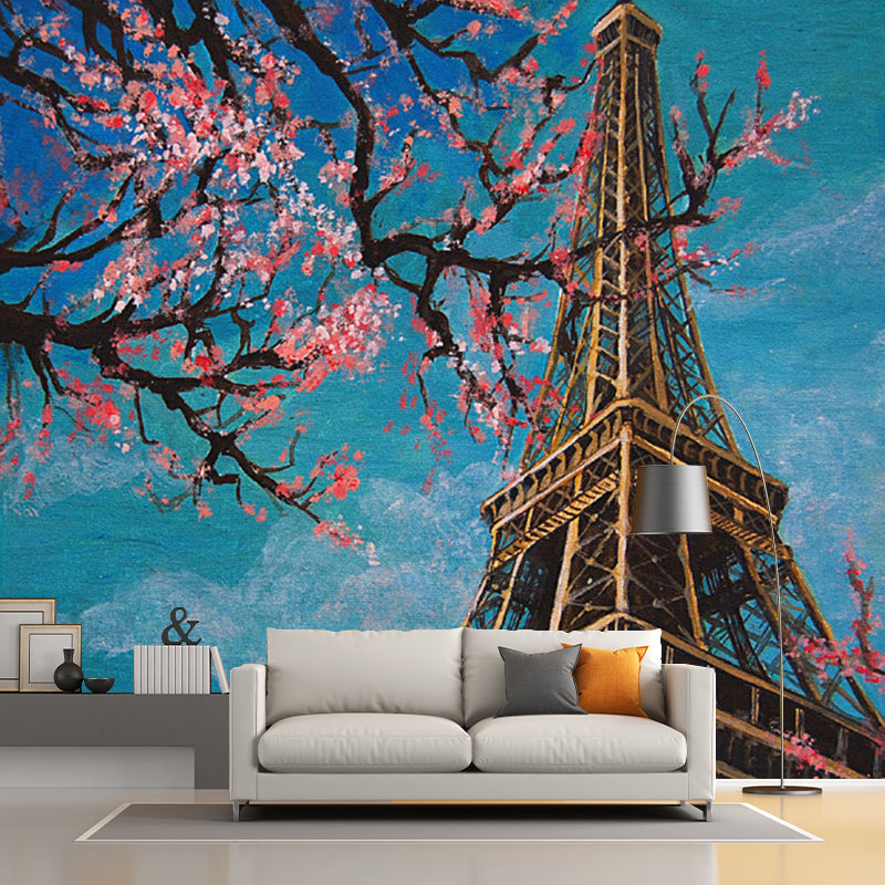 Custom Illustration Modern Mural Pink-Blue Cherry Blossom and Elf Tower Wall Covering for Home Clearhalo 'Wall Decor' 'Wall Mural' 1172478