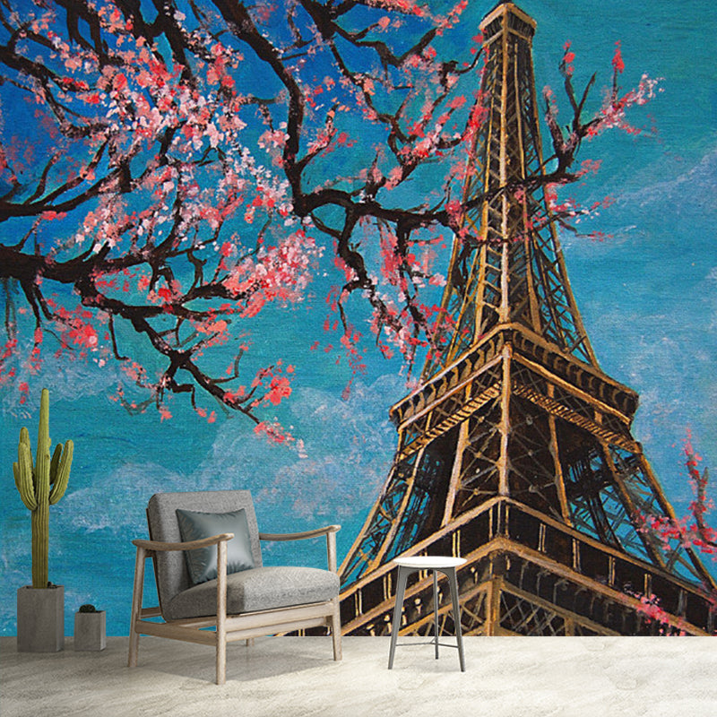 Custom Illustration Modern Mural Pink-Blue Cherry Blossom and Elf Tower Wall Covering for Home Clearhalo 'Wall Decor' 'Wall Mural' 1172479