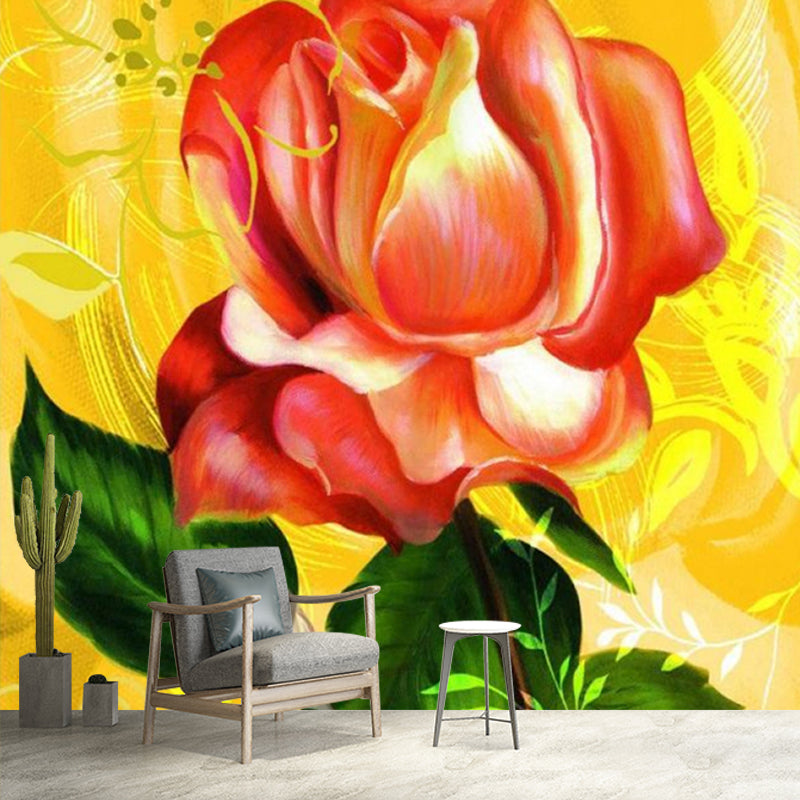 Modernist Rose Wall Paper Murals Pink and Yellow Flower Wall Art for Bedroom Decor Clearhalo 'Wall Decor' 'Wall Mural' 1172501