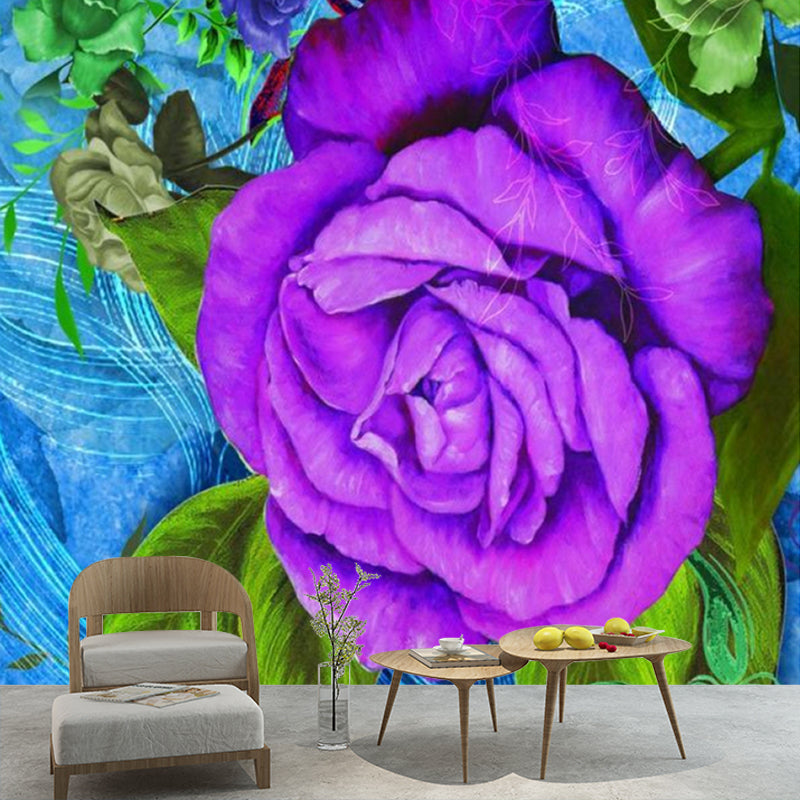 Blue-Purple Rose Murals Wallpaper Flower Modern Stain Resistant Wall Decor for Bedroom Clearhalo 'Wall Decor' 'Wall Mural' 1172506