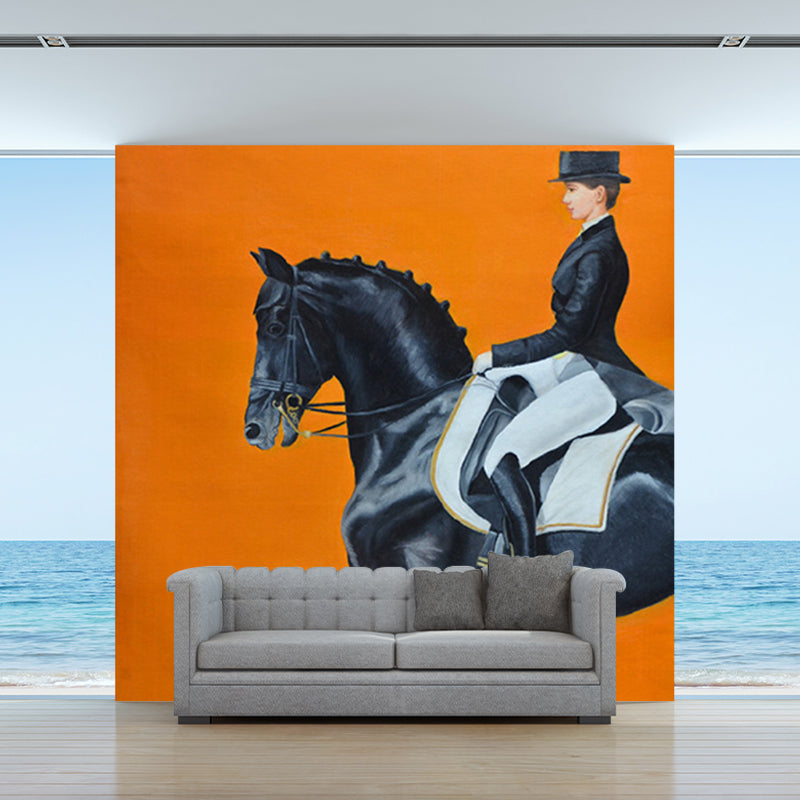 Orange-Black Modern Wall Murals Customized Lady Rider Wall Art for Bedroom Decor Orange-Black Clearhalo 'Wall Decor' 'Wall Mural' 1172510