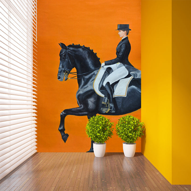 Orange-Black Modern Wall Murals Customized Lady Rider Wall Art for Bedroom Decor Clearhalo 'Wall Decor' 'Wall Mural' 1172511