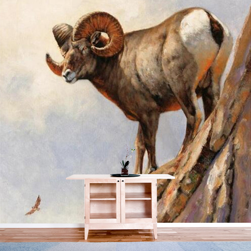 Brown Ram Sheep Wallpaper Murals Stain-Resistant Wall Decoration for Living Room Brown Clearhalo 'Wall Decor' 'Wall Mural' 1172515