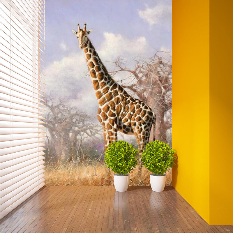 Custom Photography Modern Murals with Giraffe and Bare Tree Pattern in Blue-Brown Blue-Brown Clearhalo 'Wall Decor' 'Wall Mural' 1172525