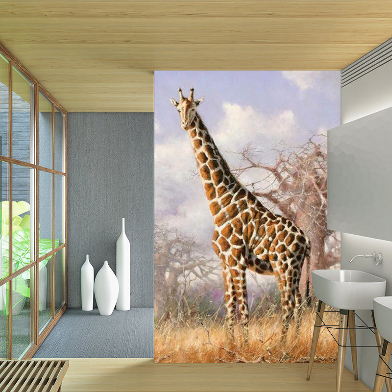 Custom Photography Modern Murals with Giraffe and Bare Tree Pattern in Blue-Brown Clearhalo 'Wall Decor' 'Wall Mural' 1172526