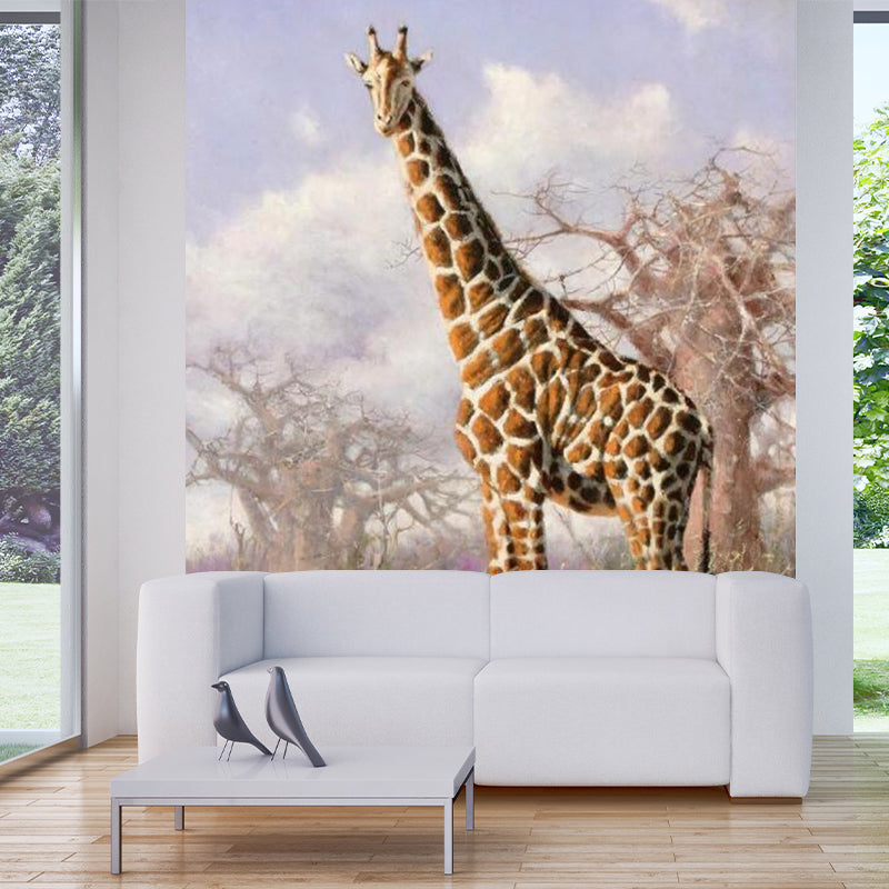 Custom Photography Modern Murals with Giraffe and Bare Tree Pattern in Blue-Brown Clearhalo 'Wall Decor' 'Wall Mural' 1172527