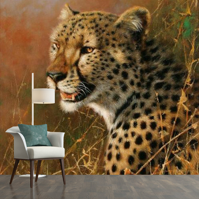 Brown Leopard Portrait Wall Murals Stain-Resistant Wall Covering for Living Room Brown Clearhalo 'Wall Decor' 'Wall Mural' 1172535