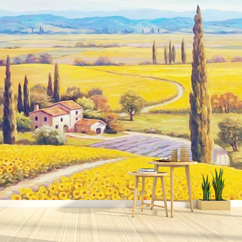 Field of Sunflowers Painting Mural Decal Yellow Countryside Wall Art for Living Room Yellow Clearhalo 'Wall Decor' 'Wall Mural' 1172565