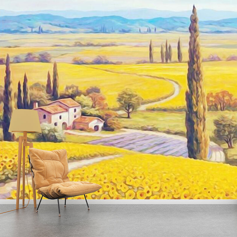 Field of Sunflowers Painting Mural Decal Yellow Countryside Wall Art for Living Room Clearhalo 'Wall Decor' 'Wall Mural' 1172566