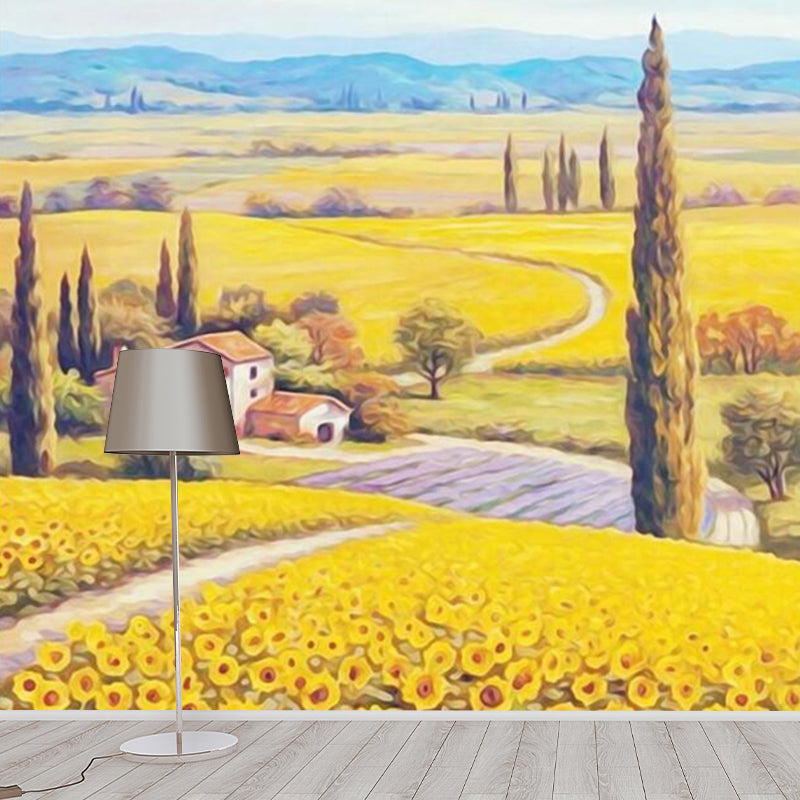 Field of Sunflowers Painting Mural Decal Yellow Countryside Wall Art for Living Room Clearhalo 'Wall Decor' 'Wall Mural' 1172567