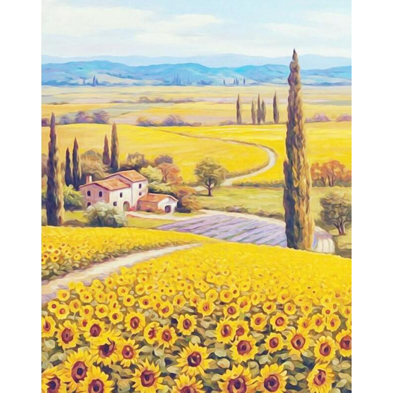 Field of Sunflowers Painting Mural Decal Yellow Countryside Wall Art for Living Room Clearhalo 'Wall Decor' 'Wall Mural' 1172568