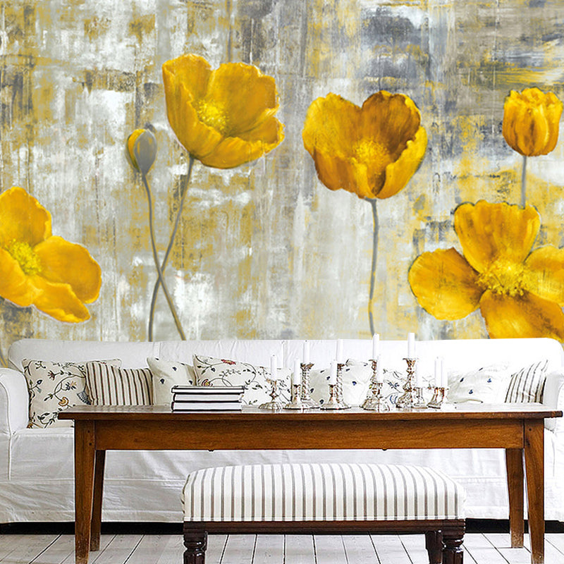 Grey-Yellow Tulips Wall Mural Flower Modern Style Waterproof Wall Covering for Stairway Gray-Yellow Clearhalo 'Wall Decor' 'Wall Mural' 1172590