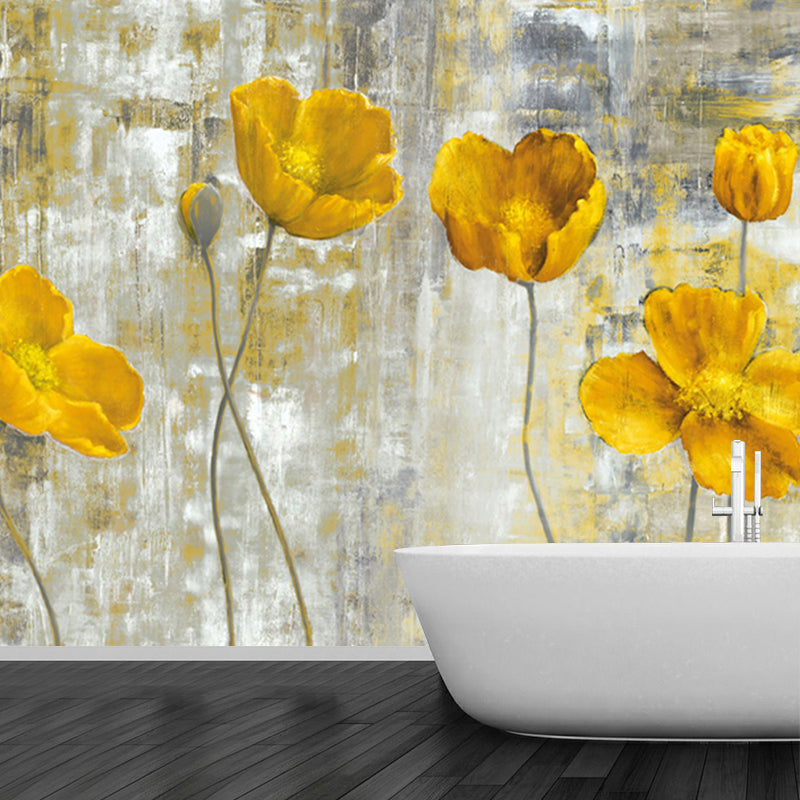 Grey-Yellow Tulips Wall Mural Flower Modern Style Waterproof Wall Covering for Stairway Clearhalo 'Wall Decor' 'Wall Mural' 1172591