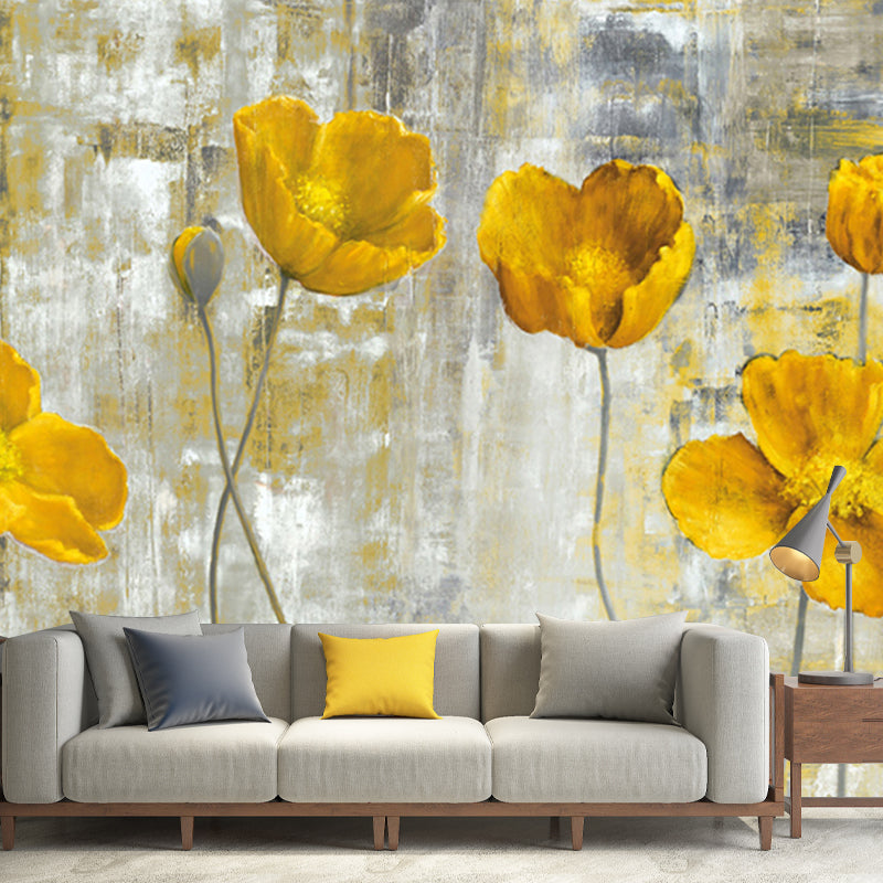 Grey-Yellow Tulips Wall Mural Flower Modern Style Waterproof Wall Covering for Stairway Clearhalo 'Wall Decor' 'Wall Mural' 1172592