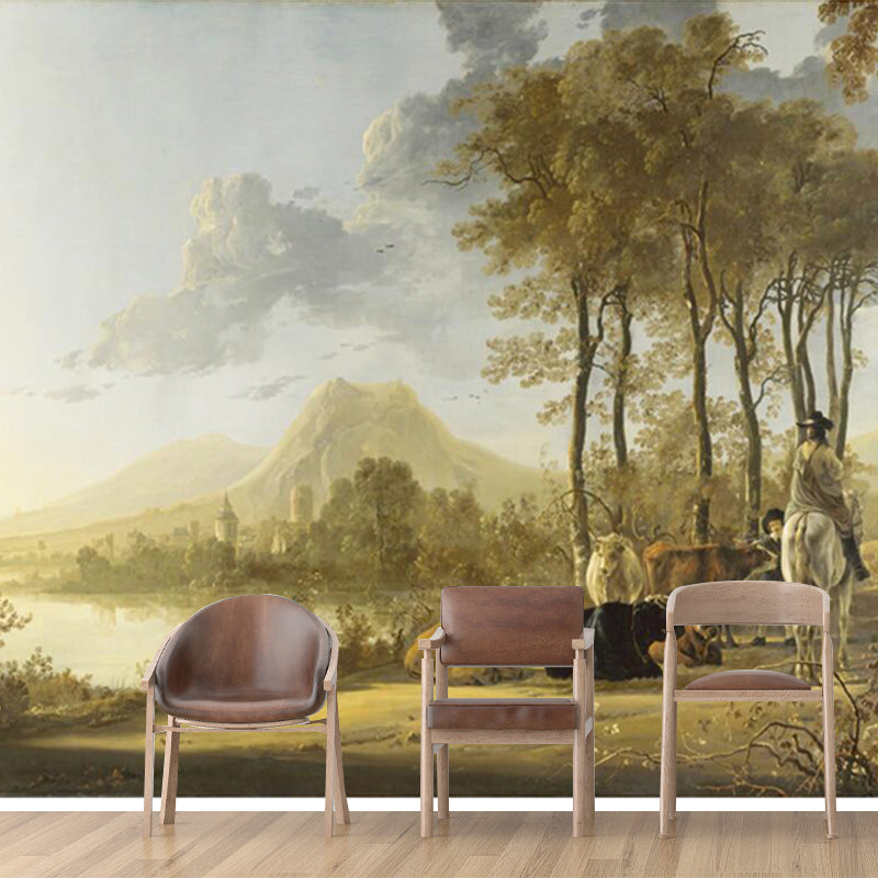 Large Rural Landscape Mural Wallpaper Modern Cow Patterned Wall Decoration in Brown Clearhalo 'Wall Decor' 'Wall Mural' 1172596