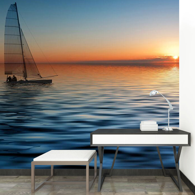 Personalized Photography Tropix Murals with Boat in the Sea at Sunset Pattern in Blue Blue Clearhalo 'Wall Decor' 'Wall Mural' 1172600