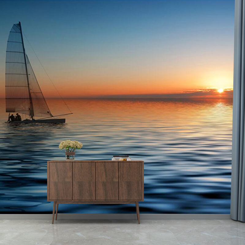 Personalized Photography Tropix Murals with Boat in the Sea at Sunset Pattern in Blue Clearhalo 'Wall Decor' 'Wall Mural' 1172601