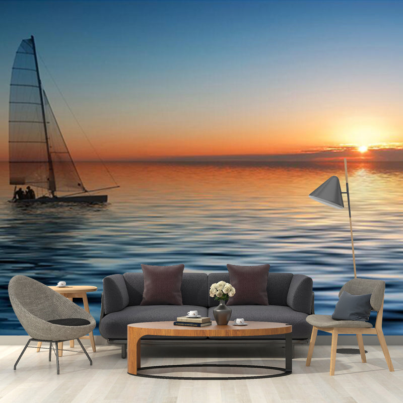 Personalized Photography Tropix Murals with Boat in the Sea at Sunset Pattern in Blue Clearhalo 'Wall Decor' 'Wall Mural' 1172602