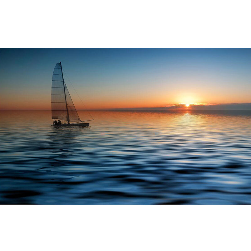 Personalized Photography Tropix Murals with Boat in the Sea at Sunset Pattern in Blue Clearhalo 'Wall Decor' 'Wall Mural' 1172603