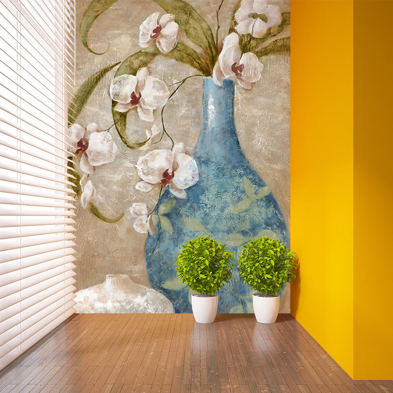 Orchid Flower Vase Wallpaper Mural Contemporary Smooth Texture Wall Decor in Blue-Brown Blue-Brown Clearhalo 'Wall Decor' 'Wall Mural' 1172605