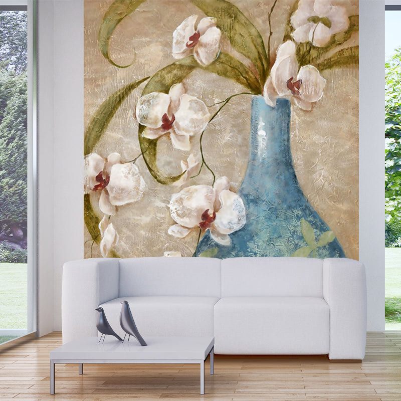 Orchid Flower Vase Wallpaper Mural Contemporary Smooth Texture Wall Decor in Blue-Brown Clearhalo 'Wall Decor' 'Wall Mural' 1172606