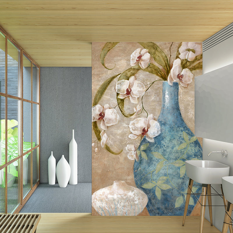 Orchid Flower Vase Wallpaper Mural Contemporary Smooth Texture Wall Decor in Blue-Brown Clearhalo 'Wall Decor' 'Wall Mural' 1172607