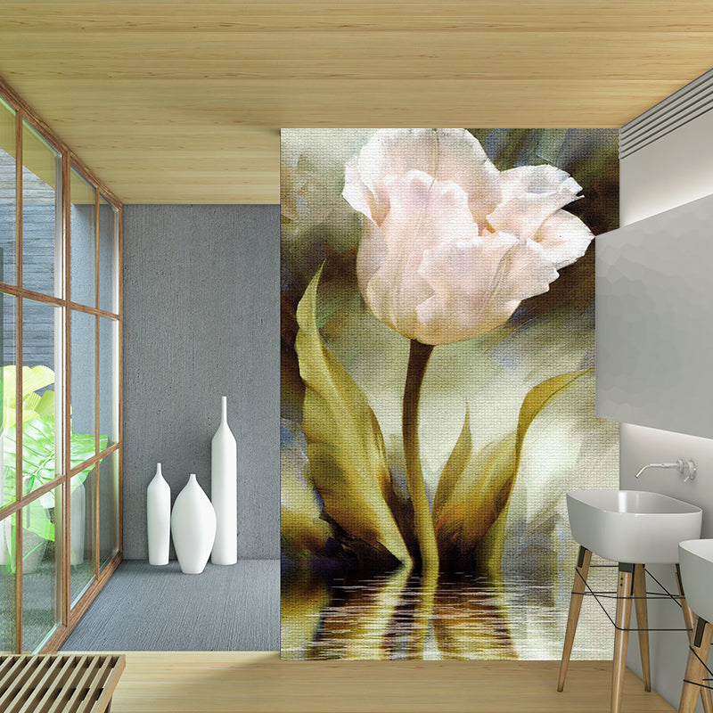 Green-White Art Deco Murals Large Size Riverside Flower Wall Covering for Bedroom Green-White Clearhalo 'Wall Decor' 'Wall Mural' 1172610