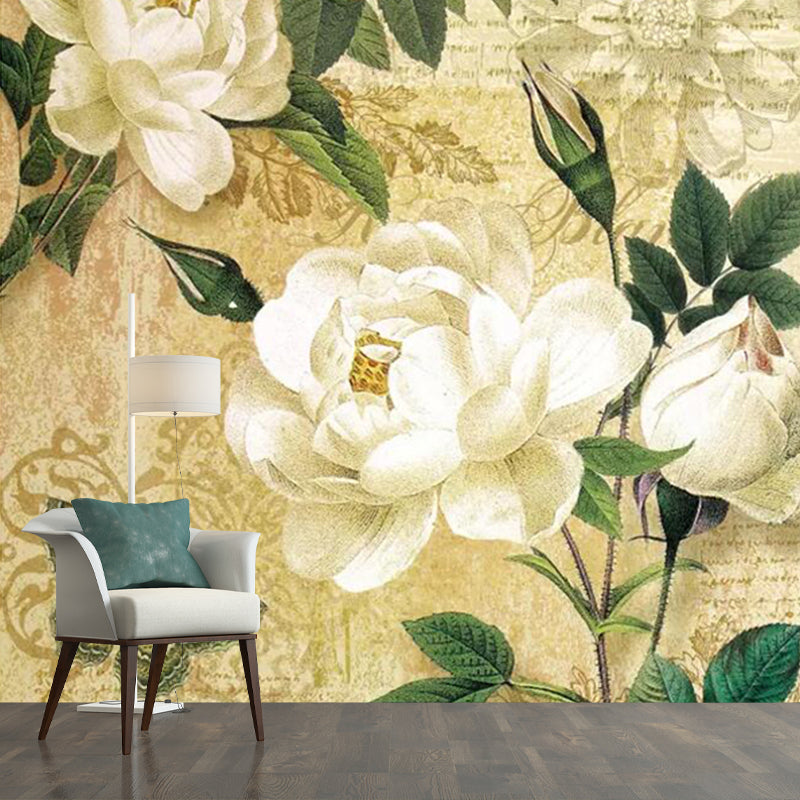 Peony and Script Print Mural White and Brown Vintage Wall Art for Home Decoration White-Brown Clearhalo 'Wall Decor' 'Wall Mural' 1172615