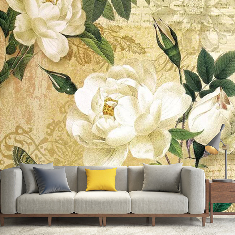 Peony and Script Print Mural White and Brown Vintage Wall Art for Home Decoration Clearhalo 'Wall Decor' 'Wall Mural' 1172616