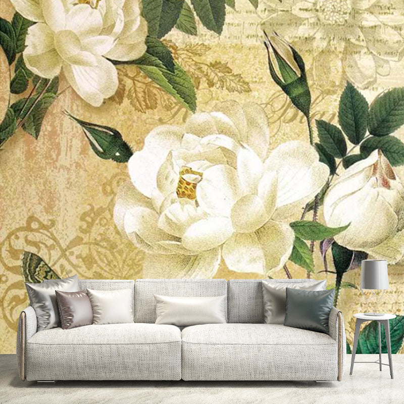 Peony and Script Print Mural White and Brown Vintage Wall Art for Home Decoration Clearhalo 'Wall Decor' 'Wall Mural' 1172617