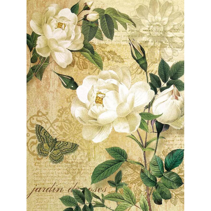 Peony and Script Print Mural White and Brown Vintage Wall Art for Home Decoration Clearhalo 'Wall Decor' 'Wall Mural' 1172618