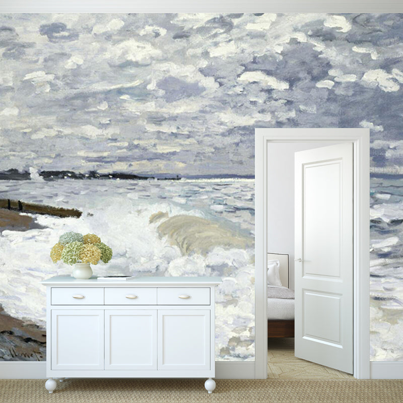 Grey-White Classic Mural Wallpaper Whole Monet Style Sea Painting Wall Decor for Home Gray-White Clearhalo 'Wall Decor' 'Wall Mural' 1172620