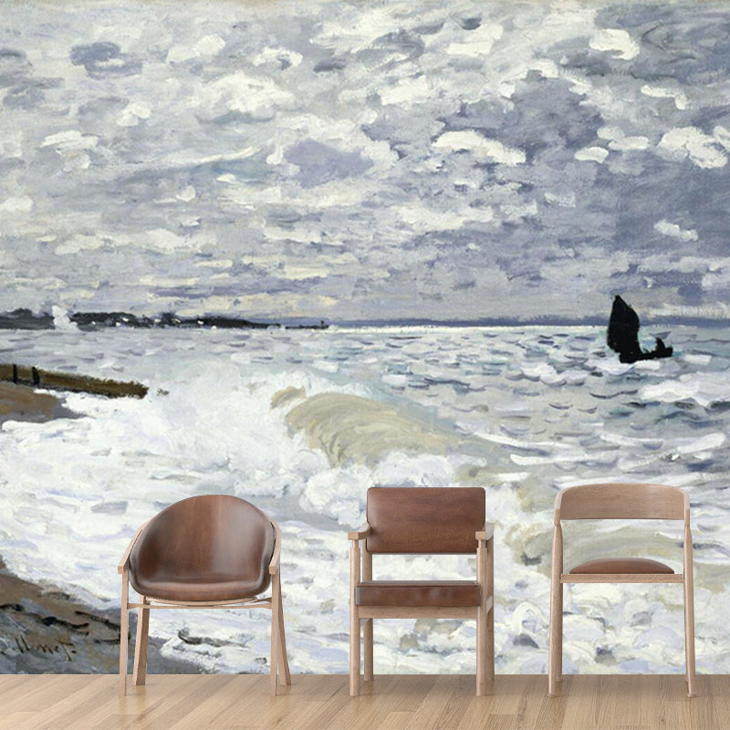 Grey-White Classic Mural Wallpaper Whole Monet Style Sea Painting Wall Decor for Home Clearhalo 'Wall Decor' 'Wall Mural' 1172621