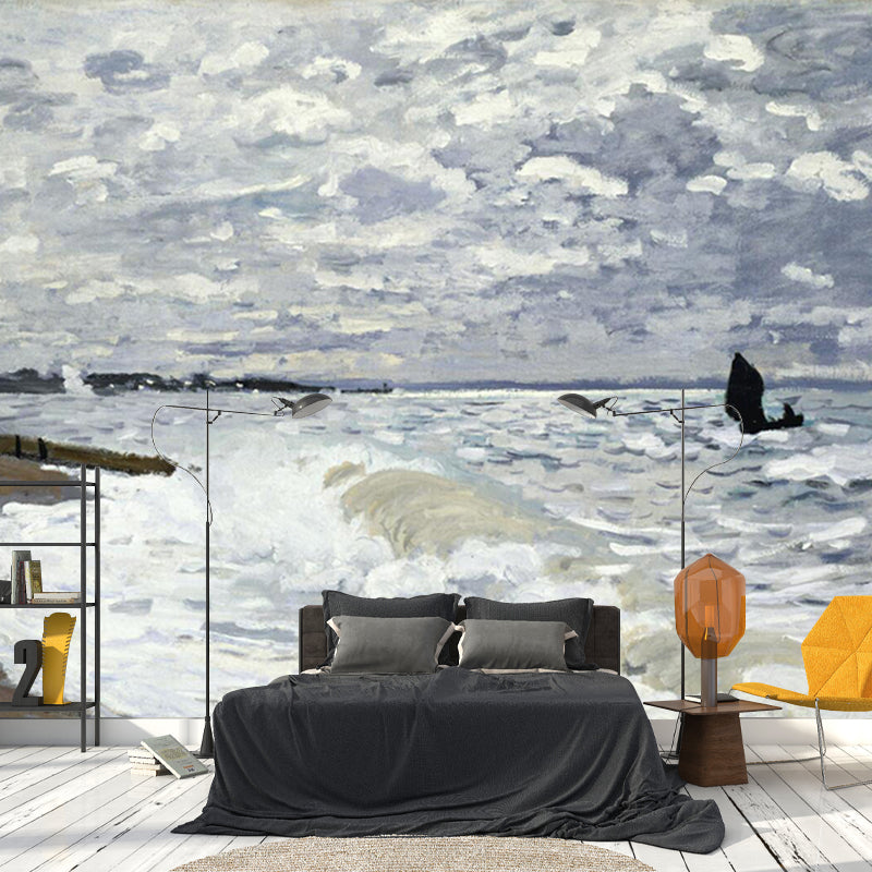 Grey-White Classic Mural Wallpaper Whole Monet Style Sea Painting Wall Decor for Home Clearhalo 'Wall Decor' 'Wall Mural' 1172622