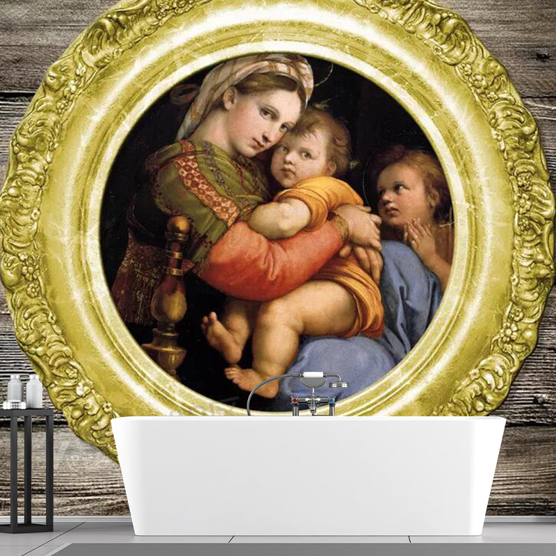 Mother and Her Kids Mural Religious Stain-Proof Corridor Wall Decoration in Grey-Gold Clearhalo 'Wall Decor' 'Wall Mural' 1172636