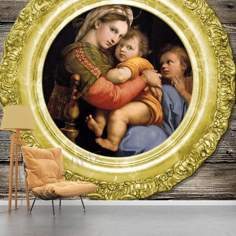 Mother and Her Kids Mural Religious Stain-Proof Corridor Wall Decoration in Grey-Gold Clearhalo 'Wall Decor' 'Wall Mural' 1172637