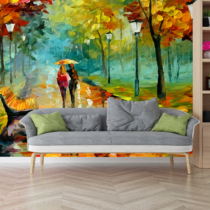 Illustration Scenery Wall Mural Classic Lover Walk in Autumn Rain Painting Wall Decor in Orange-Green Orange-Green Clearhalo 'Wall Decor' 'Wall Mural' 1172640