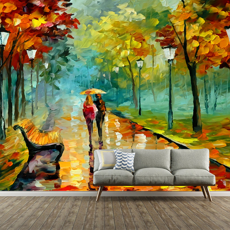 Illustration Scenery Wall Mural Classic Lover Walk in Autumn Rain Painting Wall Decor in Orange-Green Clearhalo 'Wall Decor' 'Wall Mural' 1172641