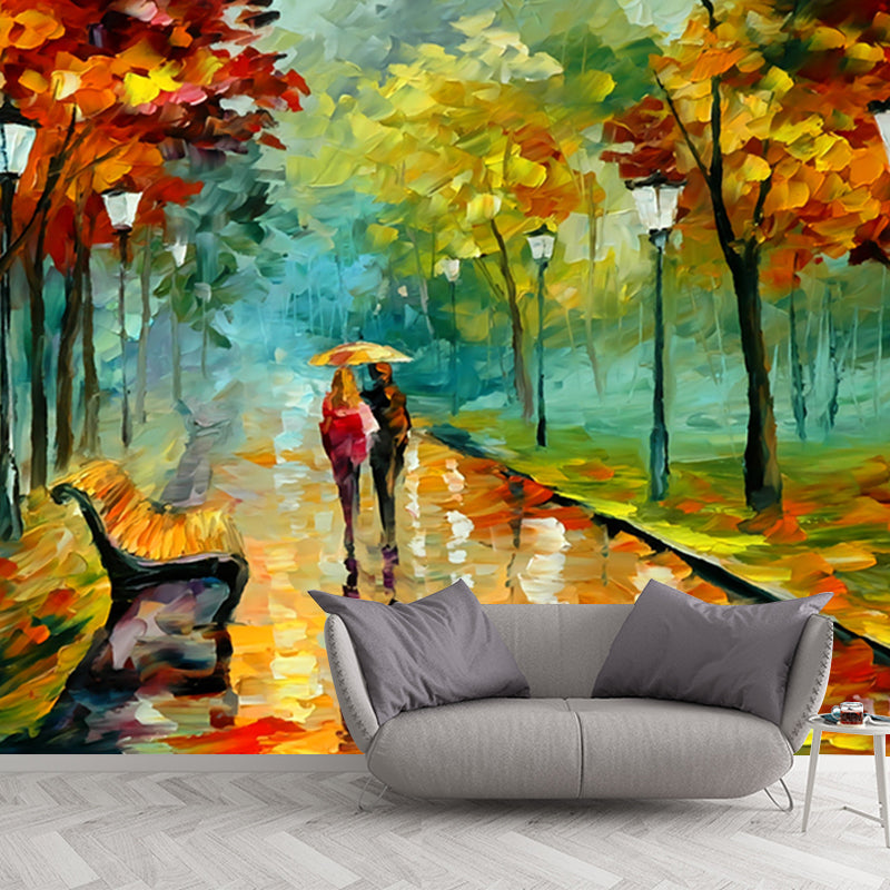 Illustration Scenery Wall Mural Classic Lover Walk in Autumn Rain Painting Wall Decor in Orange-Green Clearhalo 'Wall Decor' 'Wall Mural' 1172642