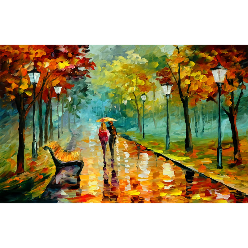 Illustration Scenery Wall Mural Classic Lover Walk in Autumn Rain Painting Wall Decor in Orange-Green Clearhalo 'Wall Decor' 'Wall Mural' 1172643