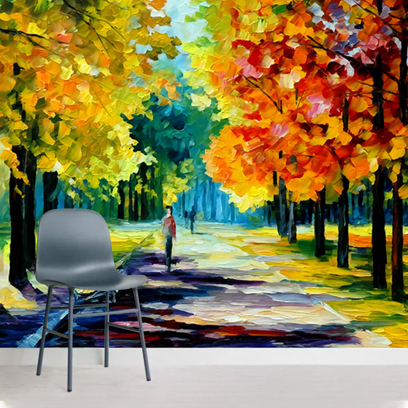 Orange-Yellow Autumn Park Murals Stain-Proof Classic Living Room Wall Covering, Non-Woven Orange-Yellow Clearhalo 'Wall Decor' 'Wall Mural' 1172650