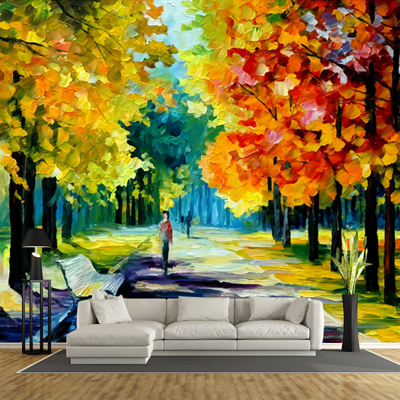 Orange-Yellow Autumn Park Murals Stain-Proof Classic Living Room Wall Covering, Non-Woven Clearhalo 'Wall Decor' 'Wall Mural' 1172651