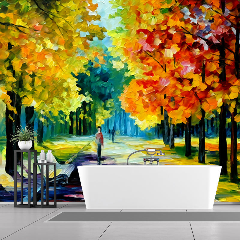 Orange-Yellow Autumn Park Murals Stain-Proof Classic Living Room Wall Covering, Non-Woven Clearhalo 'Wall Decor' 'Wall Mural' 1172652