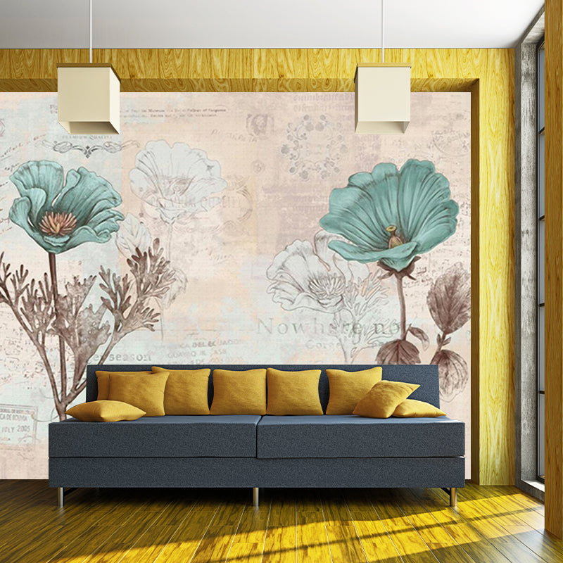 Retro Flower Sketch Mural Wallpaper Blue and Brown Bedroom Wall Decor, Stain Resistant Clearhalo 'Wall Decor' 'Wall Mural' 1172656