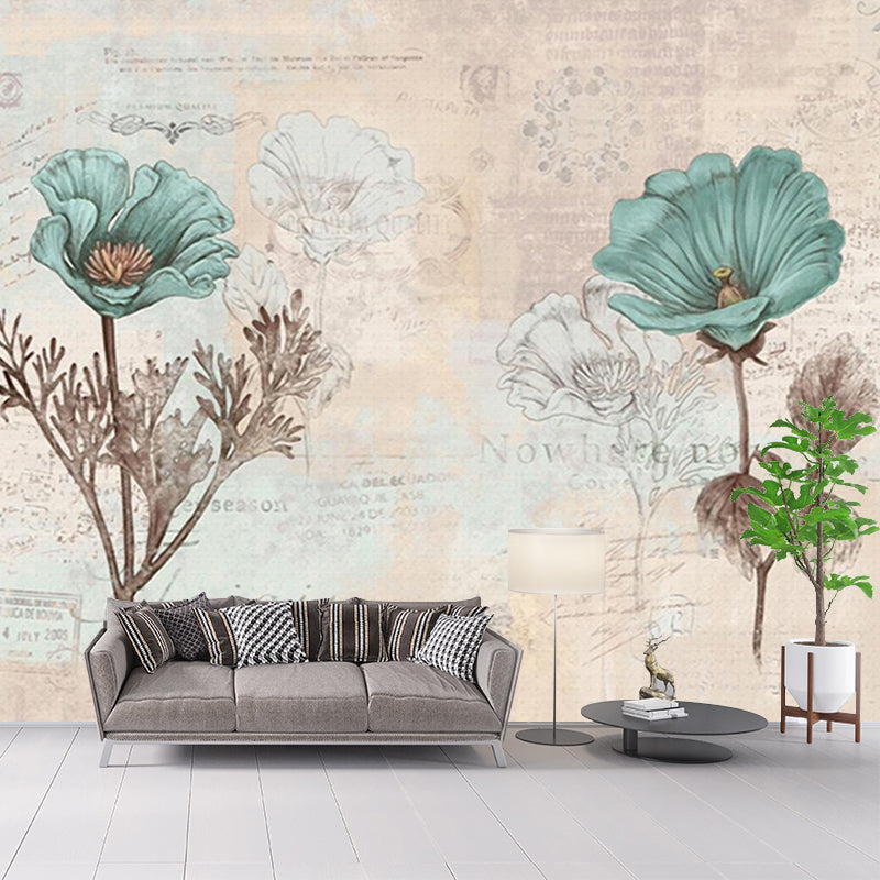 Retro Flower Sketch Mural Wallpaper Blue and Brown Bedroom Wall Decor, Stain Resistant Clearhalo 'Wall Decor' 'Wall Mural' 1172657