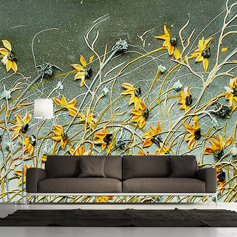 Large Withered Daisy Murals Yellow and Green Non-Woven Fabric Wall Covering, Waterproof Yellow-Green Clearhalo 'Wall Decor' 'Wall Mural' 1172660