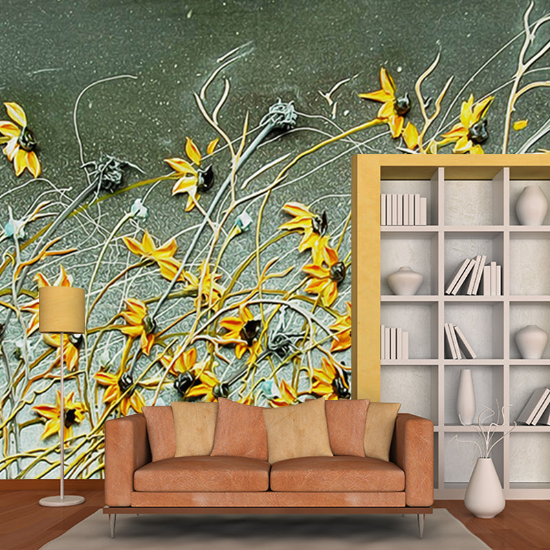 Large Withered Daisy Murals Yellow and Green Non-Woven Fabric Wall Covering, Waterproof Clearhalo 'Wall Decor' 'Wall Mural' 1172661