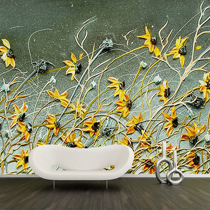 Large Withered Daisy Murals Yellow and Green Non-Woven Fabric Wall Covering, Waterproof Clearhalo 'Wall Decor' 'Wall Mural' 1172662